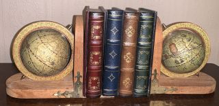 Vintage 2 Old World Map Spinning Globe Bookends On Wooden Bases