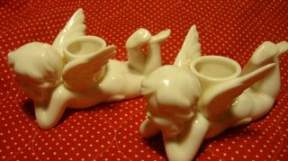 Set (2) Vintage Angel Figurine Cherub White Glazed Ceramic Candle Holders 44