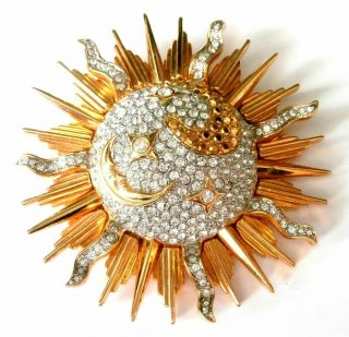 Swarovski Signed Gold Plated Pin Brooch Celestial Moon And Stars