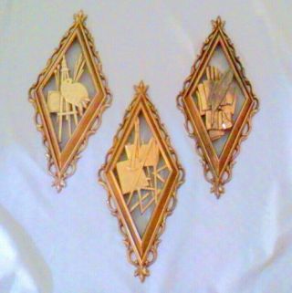 Vintage Three Syroco Gold Diamond Shaped Wall Plaques Art Writing
