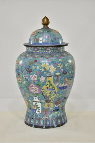 Large Vintage Chinese Cloisonne Bronze Enamel Jar / Crock / Vase W Cover 20 "