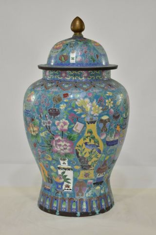 Large Vintage Chinese Cloisonne Bronze Enamel Jar / Crock / Vase w cover 20 