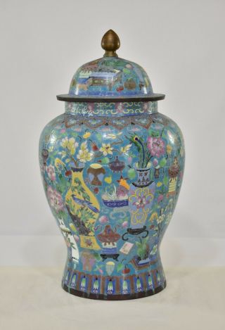 Large Vintage Chinese Cloisonne Bronze Enamel Jar / Crock / Vase w cover 20 