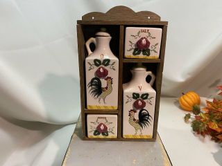 Porcelain Vinegar Oil With Matching Salt And Pepper In Wooden Box Japan Vintage