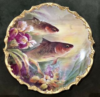 Wm Guerin Vtg Limoges 13” Hand Painted Fish Charger Plate Heavy Gilt Gold Edge