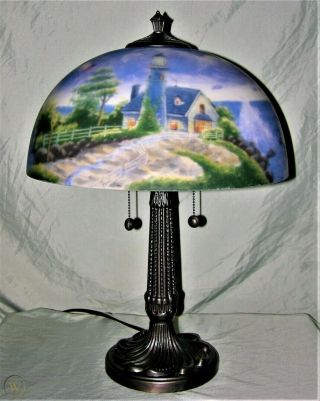 Thomas Kinkade Reverse Painted Glass Table Lamp " A Light In The Storm "