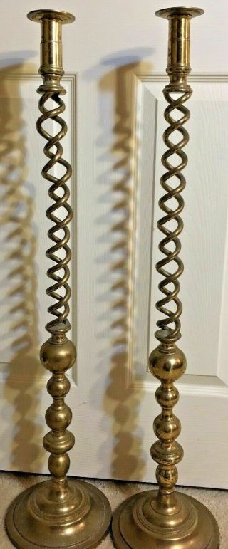 Large Pair 36 " Antique/vtg Solid Brass Open Barley Twist Candle Stick Holders