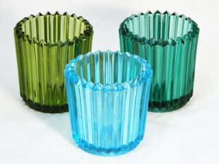 Candle Holders Votive Cup Tea Light Vase Glass Ribbed Avocado Green Teal Blue 3