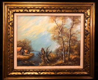Vintage Oil Landscape Painting Signed T.  Young Ocean Boat Gilded Frame