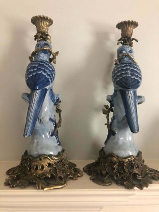 Vintage Pair Herend Porcelain Ormolu & Bronze Blue & White Parrot Candle Holders 2
