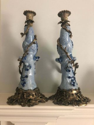 Vintage Pair Herend Porcelain Ormolu & Bronze Blue & White Parrot Candle Holders 3