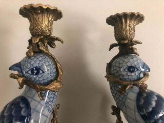 Vintage Pair Herend Porcelain Ormolu & Bronze Blue & White Parrot Candle Holders 4