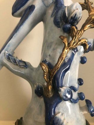 Vintage Pair Herend Porcelain Ormolu & Bronze Blue & White Parrot Candle Holders 5