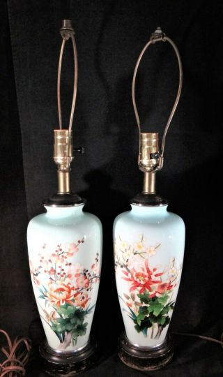 Pr.  Large Antique Japanese Cloisonne Vase/lamp Conversions.  Floral Designs 24”t.