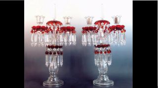 Antique Baccarat Candelabra Cranberry Ruby Red Glass Mantle Collectible Prisms