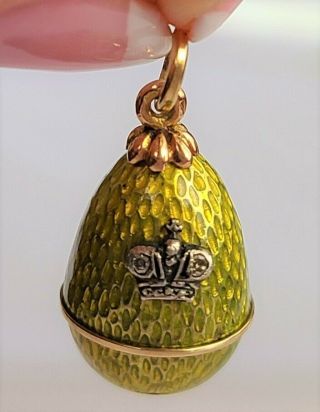 Russian Signed K T 56 14k Gold Rose Cut Diamond Enamel Guilloche Egg Pendant