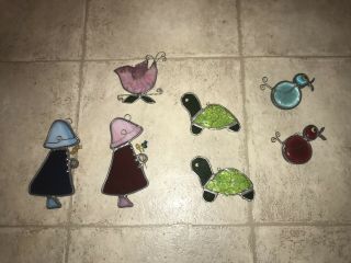 Vintage Stained Glass Sun Catchers Art Window Decorations - Set Of 7