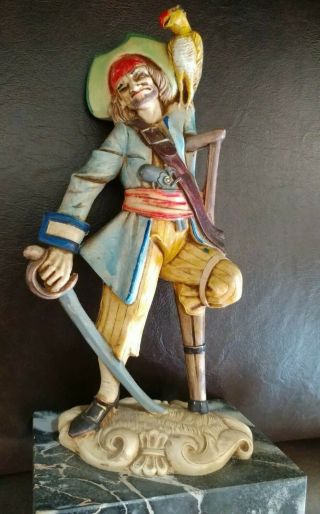 Carrara Italy Marble Figurine Pirate Peg Leg Sword Parrot Statue Depose Captain