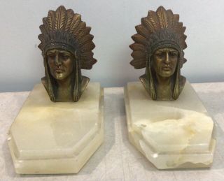 Antique Bronze Native American Indian Bust On White Marble Base Bookends