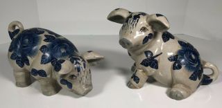 Vintage Ceramic Porcelain Hand Painted Pigs And Blue Flowers 9 " And 10 "