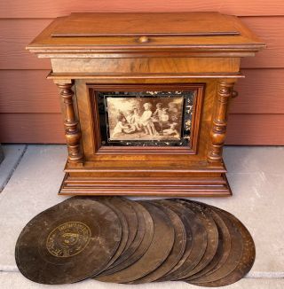Antique 19th Century Symphonion Upright Dual Comb Music Box with 15 Discs 2