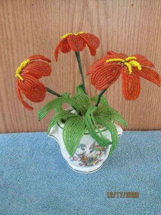 Vintage Chamart France Limoges Beaded Flowers In Bird & Fruit Pictured Vase