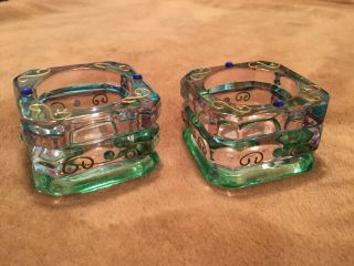 Partylite Glass Square Votive Candle Holders Iridescent Blue Green