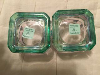 PARTYLITE GLASS SQUARE VOTIVE CANDLE HOLDERS IRIDESCENT Blue Green 2