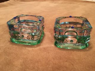 PARTYLITE GLASS SQUARE VOTIVE CANDLE HOLDERS IRIDESCENT Blue Green 3