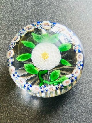 Antique Baccarat White Pompom Dahlia Paperweight With Cobalt Blue Garland