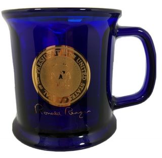 Ronald Reagan Signed Presidential Seal Cobalt Blue/gold Glass Mug - Usa