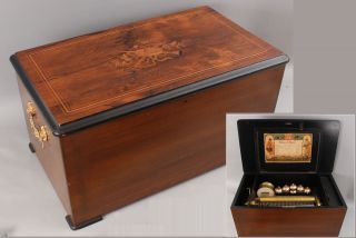 Lrg Rare Antique 19thc Marquetry Inlaid Cylinder Swiss Music Box,  6 Bells & Drum