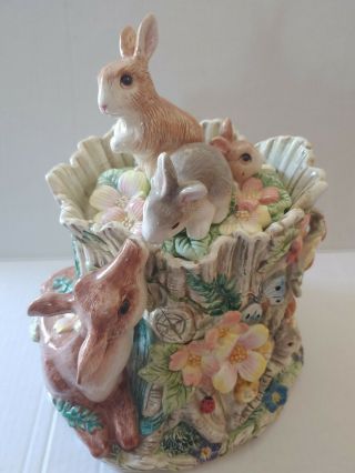 Fitz And Floyd Cookie Jar Woodland Spring Rabbits And Deer Vintage Rare No Chips