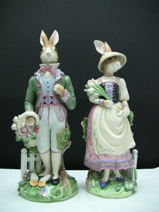 Fitz And Floyd Old World Rabbits Male And Female Easter Figures / Set
