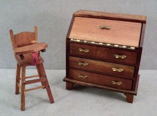 Vtg Shackman Wood Dollhouse Miniature Drop - Front Desk Drawers Cubby,  High Chair