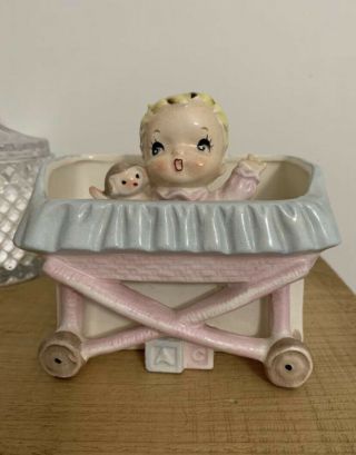 Vintage Ceramic Planter - Baby With Doll In Stroller Crib Made In Japan