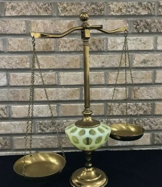 Mcm Vintage Fenton Brass Opalescent Coin Dot Scale Of Justice Balance Beam