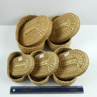 Vintage Set Of 5 Woven Sweet Grass Nesting Stacking Graduated Lidded Baskets