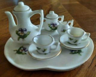 Miniature Porcelain 10 Piece Tea Set With Pansy Flower Pattern