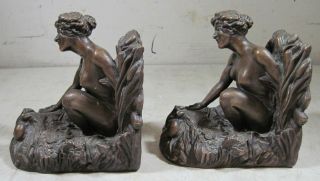 Antique 1900 ' s KBW Kathodian Bronze Clad Bookends Nude Woman Mice Artbronz USA 2