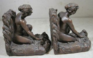 Antique 1900 ' s KBW Kathodian Bronze Clad Bookends Nude Woman Mice Artbronz USA 6