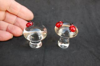 Glass Mushroom W/ Ladybugs Set 2 Miniature Figurines Fairy Garden 1 5/8 " Tall