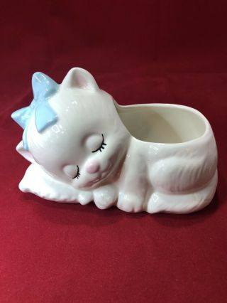 Vintage Cute Sleeping White Cat Kitten Small Ceramic Planter With Blue Bow