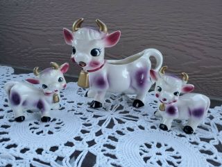 Set Of 3 Vintage Elsie Purple Cows Creamer Salt & Pepper Japan