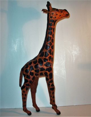 Giraffe Hand Crafted Leather Art Sculpture Statue Figurine Vintage Antique 19 "