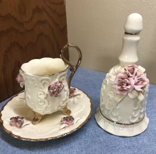 Vintage Porcelain Cup W/ Saucer & Bell W/ Applied Pink Roses,  Gold Trim On Ivory
