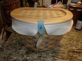 Longaberger Rare Bicycle Basket Combo White Blue Weave Tie On Liner Protector