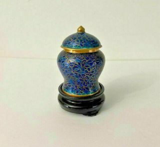 Vintage Mini Blue Gold Floral Cloisonne Enamel Brass Jar W/lid Stand 2.  75 "