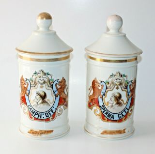 Large Antique French Porcelain Apothecary Jars W/lids Hippocrates & Lion