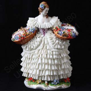Sitzendorf Dresden Lace Lady Girl With Flower Baskets Porcelain Figurine Germany